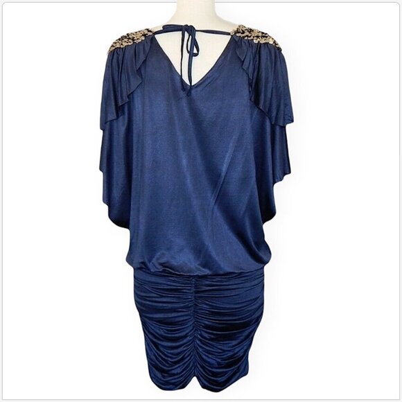 Bebe Addiction Dark Blue Slinky Stretch Ruched Skirt Silver Jeweled Dress XS - Picture 4 of 5